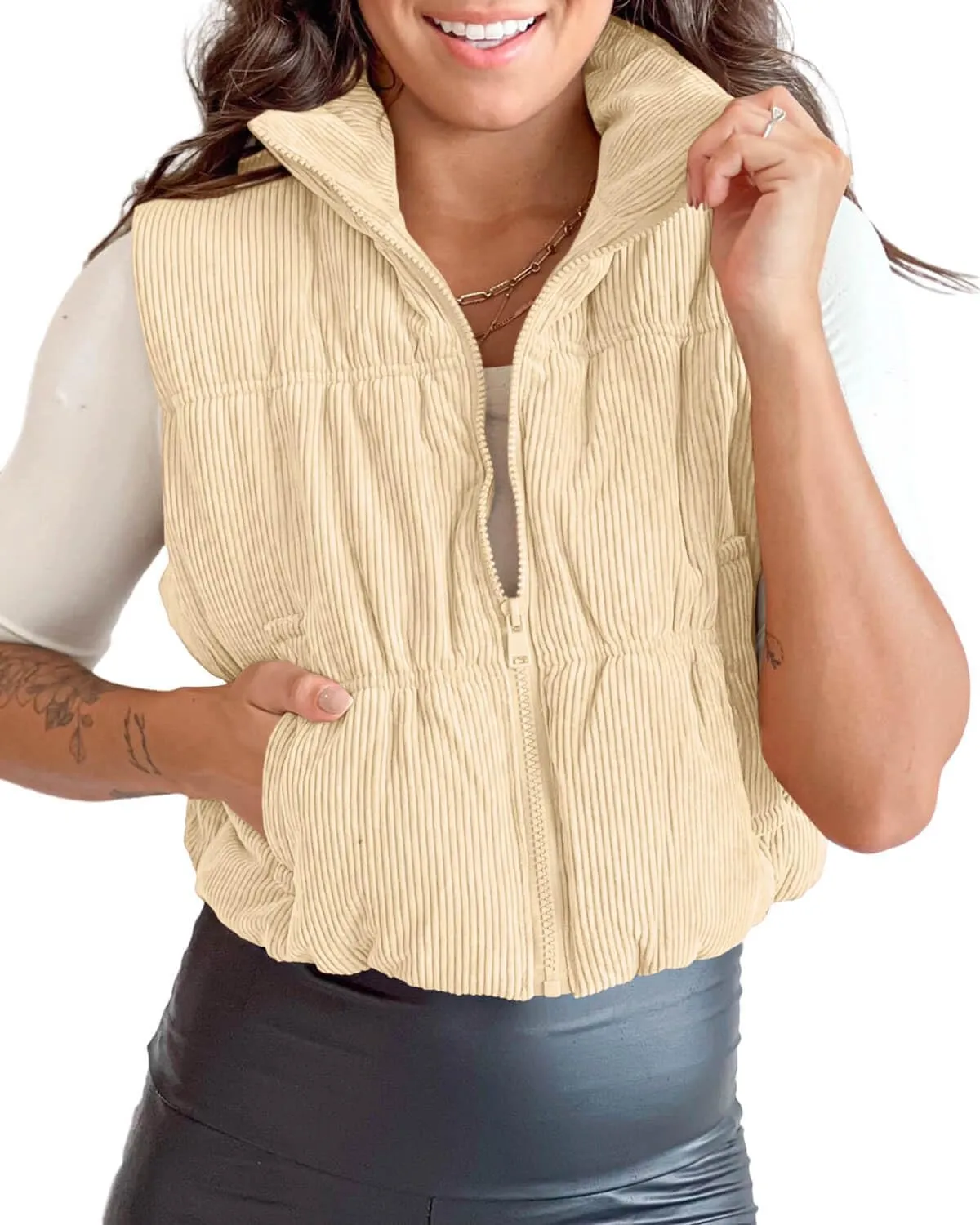 Tankaneo Womens Cropped Puffer Vest Corduroy Lightweight Sleeveless Padded Coat Zip Up Warm Outerwear