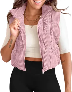 Tankaneo Womens Cropped Puffer Vest Corduroy Lightweight Sleeveless Padded Coat Zip Up Warm Outerwear