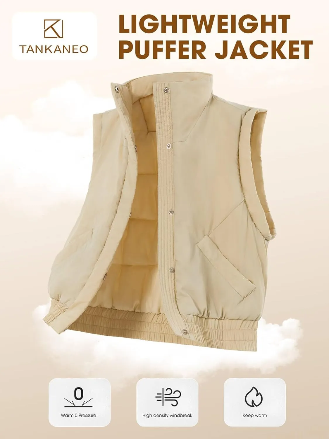 Tankaneo Womens Cropped Puffer Vest Lightweight Quilted Jacket Sleeveless Button Down Fall Winter Padded Gilet Coat