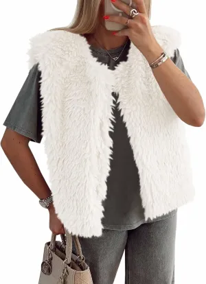 Tankaneo Womens Faux Fur Vest Cropped Sleeveless Warm Winter Shaggy Open Front Outerwear Vest