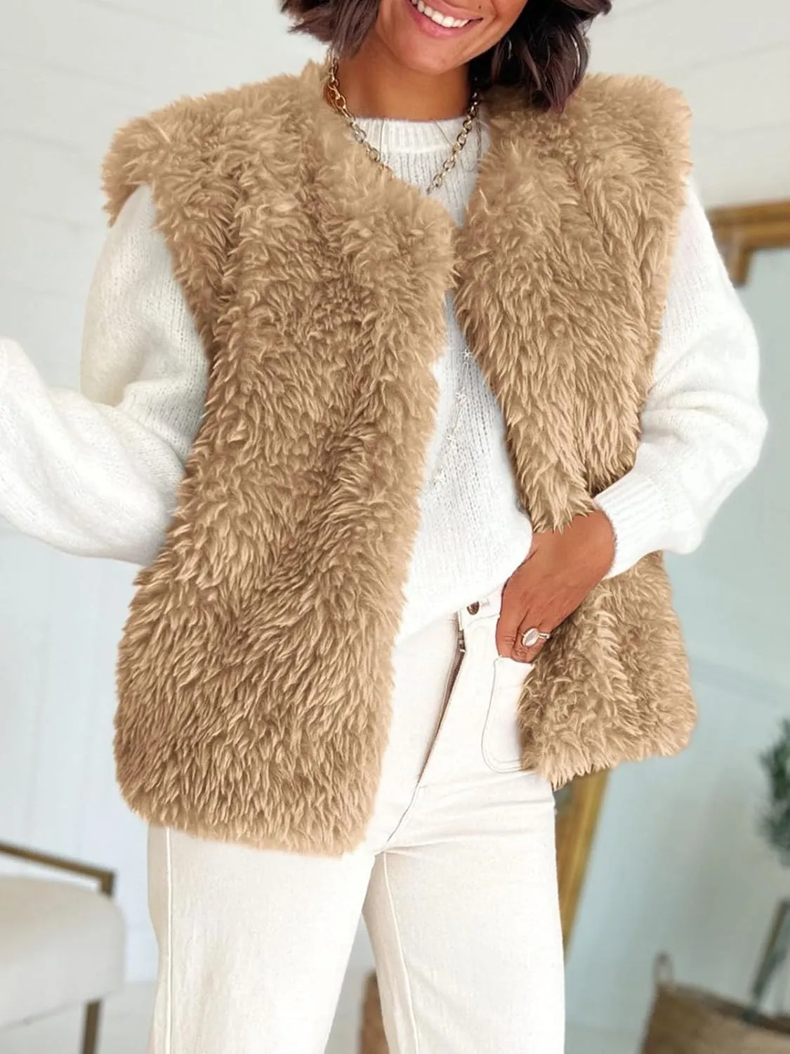 Tankaneo Womens Faux Fur Vest Cropped Sleeveless Warm Winter Shaggy Open Front Outerwear Vest