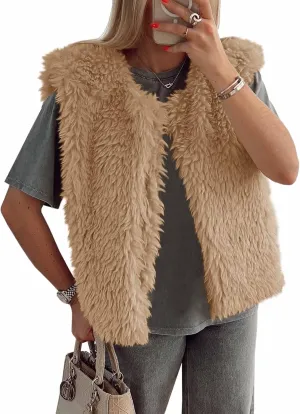 Tankaneo Womens Faux Fur Vest Cropped Sleeveless Warm Winter Shaggy Open Front Outerwear Vest