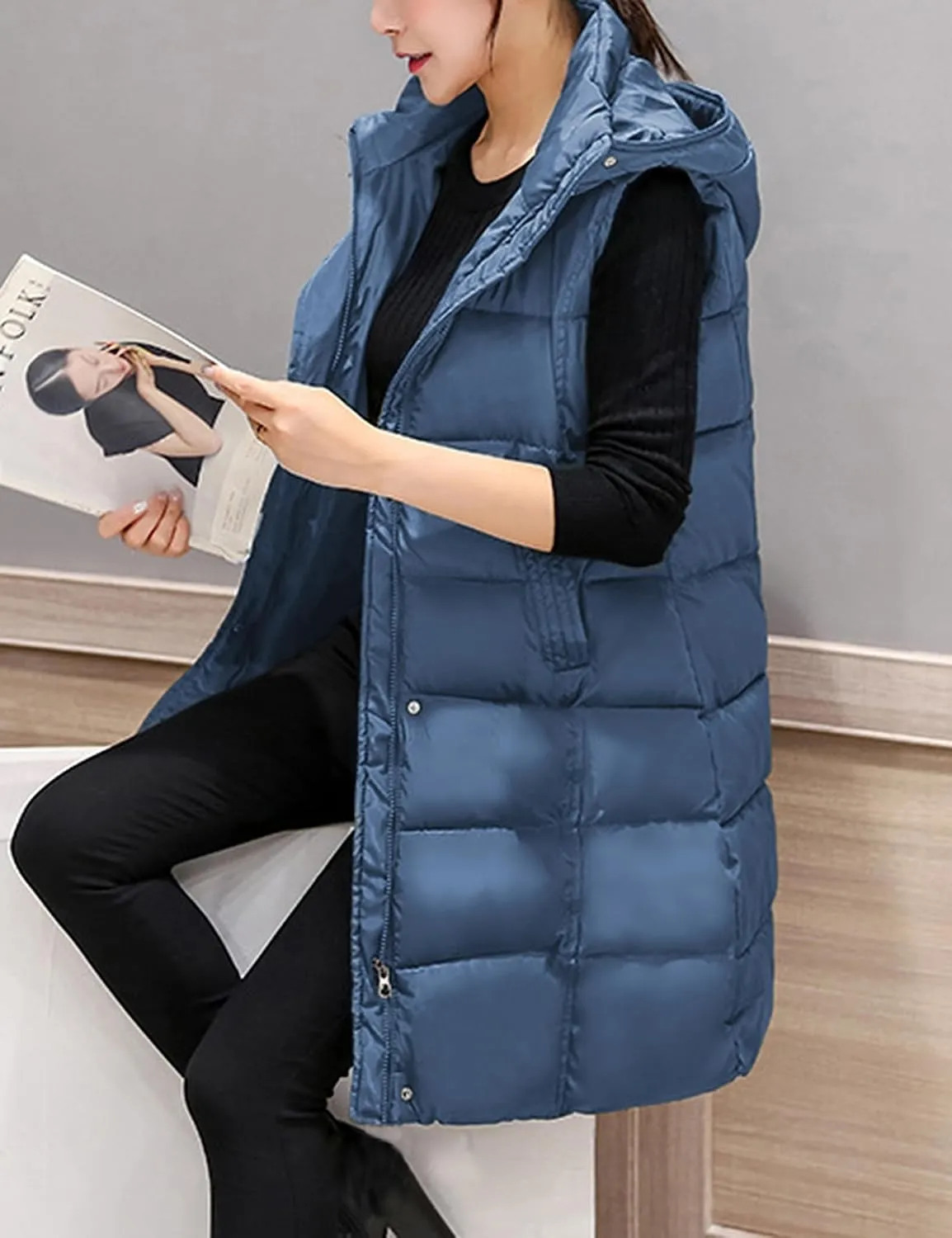 Tanming Women's Long Puffer Vest Casual Sleeveless Puffy Jacket with Removable Hood
