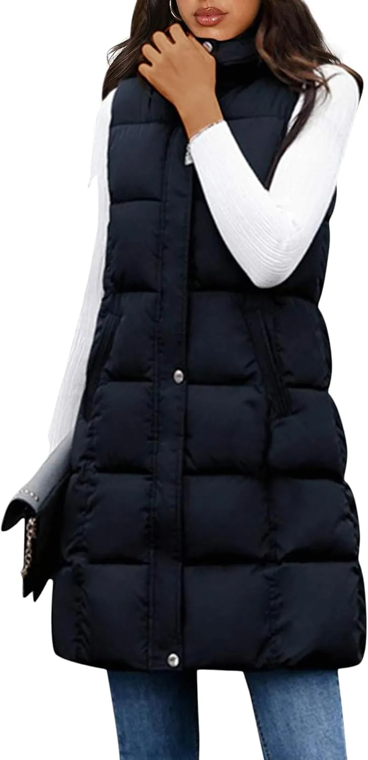 Tanming Women's Long Puffer Vest Casual Sleeveless Puffy Jacket with Removable Hood
