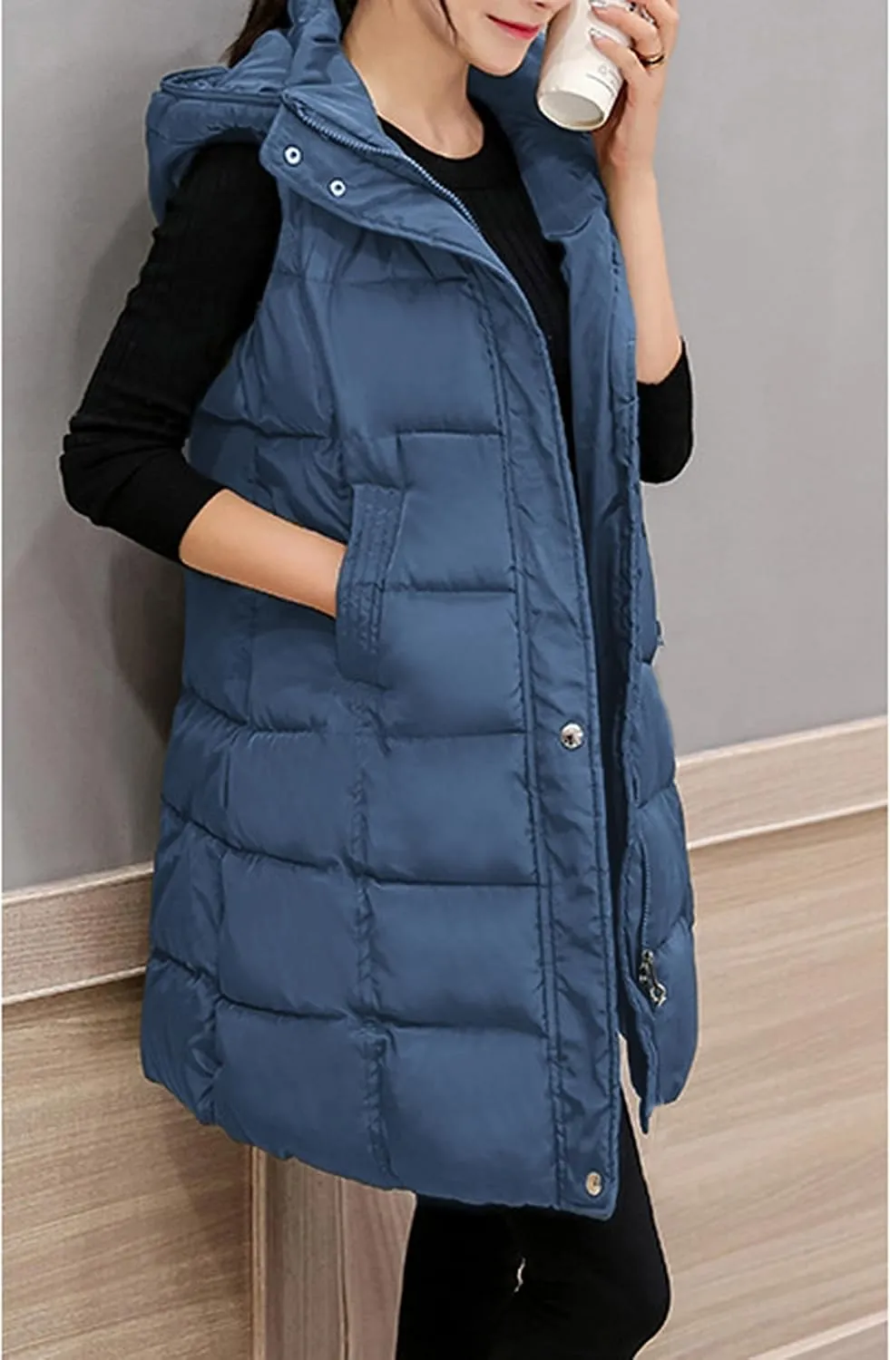 Tanming Women's Long Puffer Vest Casual Sleeveless Puffy Jacket with Removable Hood