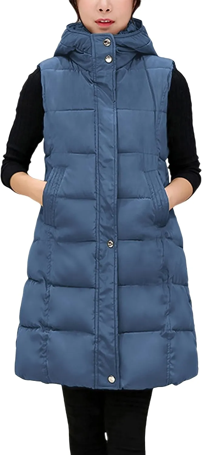 Tanming Women's Long Puffer Vest Casual Sleeveless Puffy Jacket with Removable Hood
