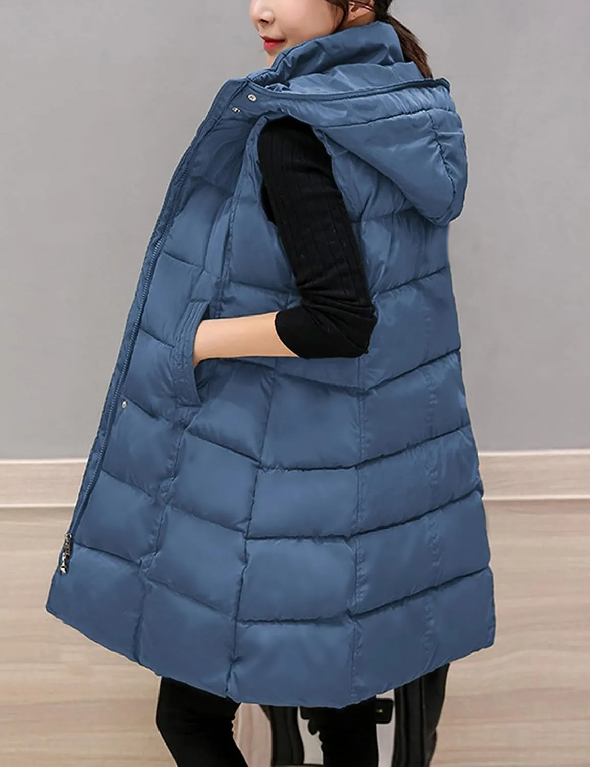 Tanming Women's Long Puffer Vest Casual Sleeveless Puffy Jacket with Removable Hood