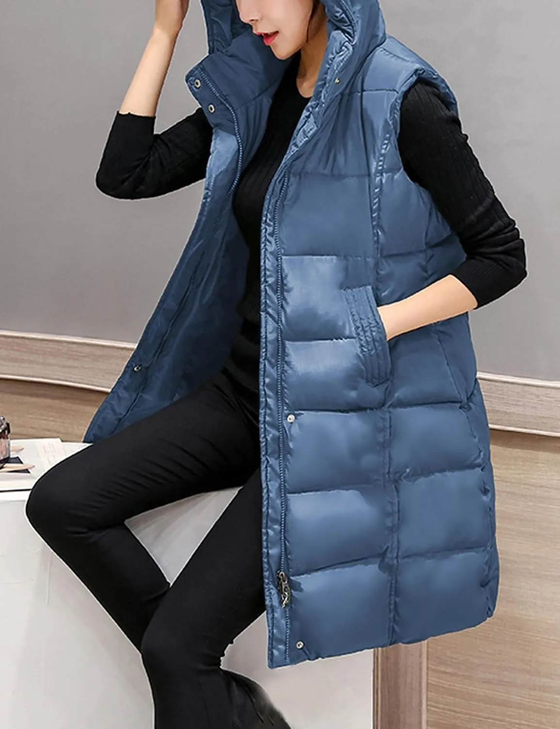 Tanming Women's Long Puffer Vest Casual Sleeveless Puffy Jacket with Removable Hood