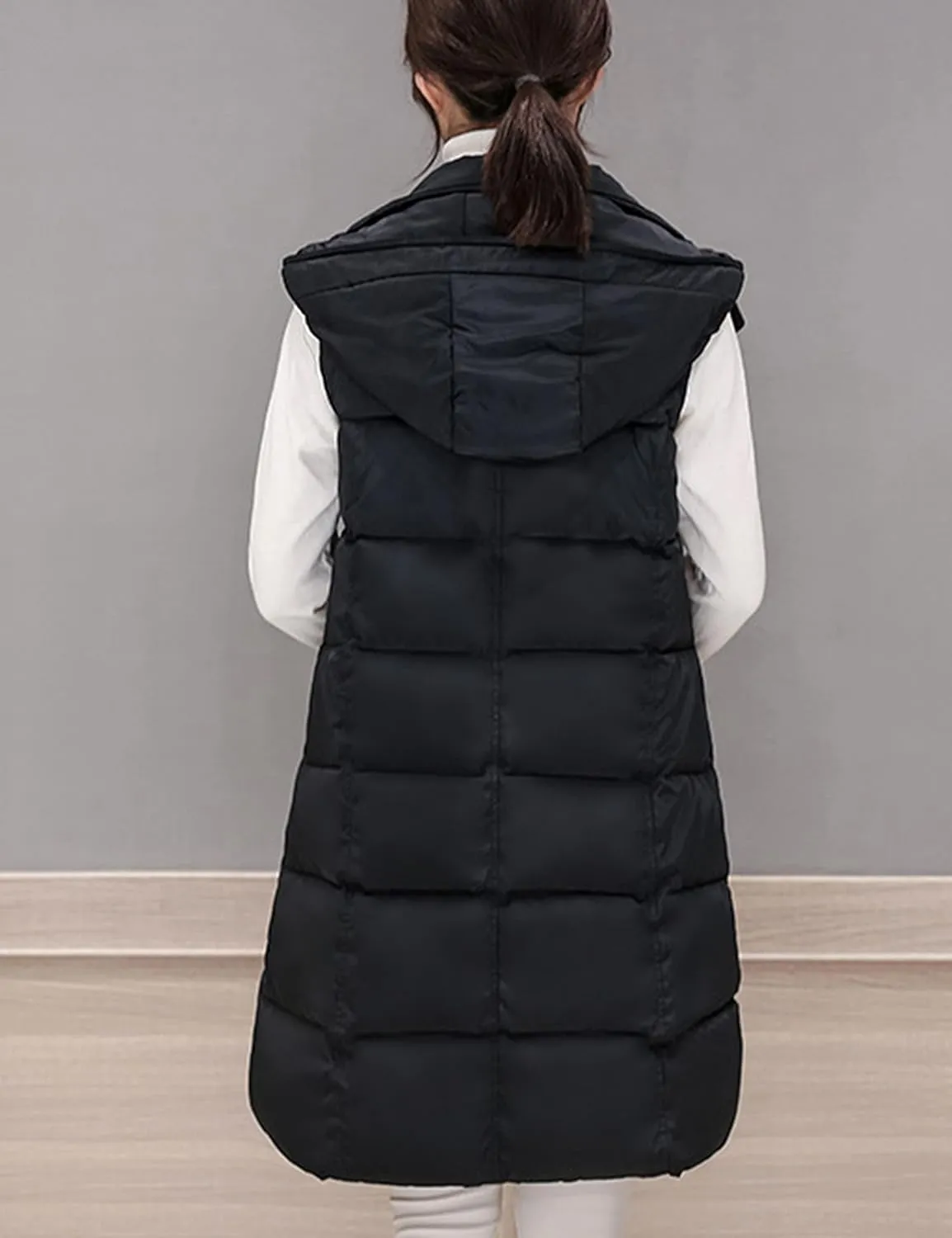Tanming Women's Long Puffer Vest Casual Sleeveless Puffy Jacket with Removable Hood