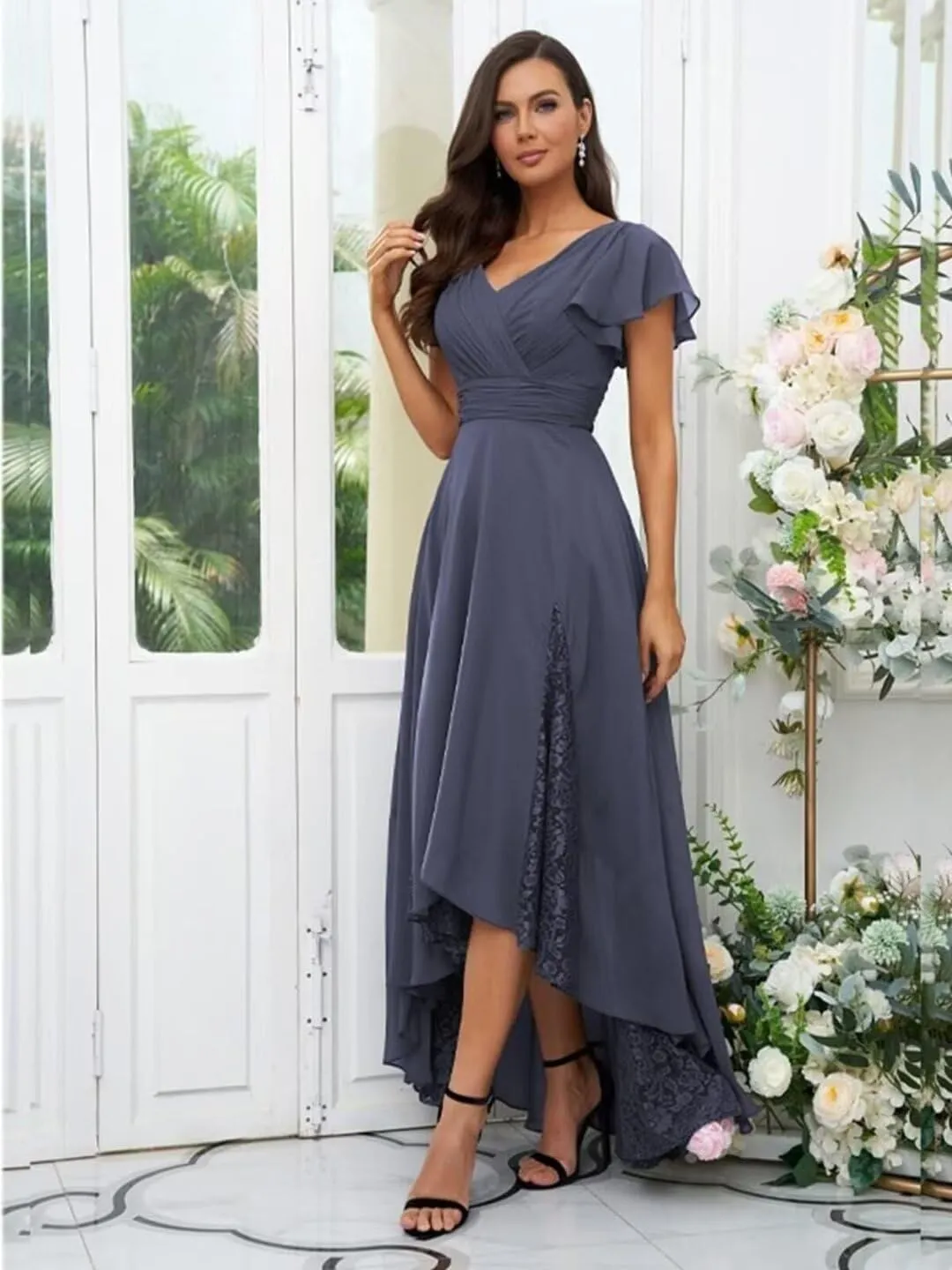 Tea Length Chiffon Mother of The Bride Dress Short Sleeve Bridesmaid Dress V Neck Lace Applique Formal Gown LL-M002