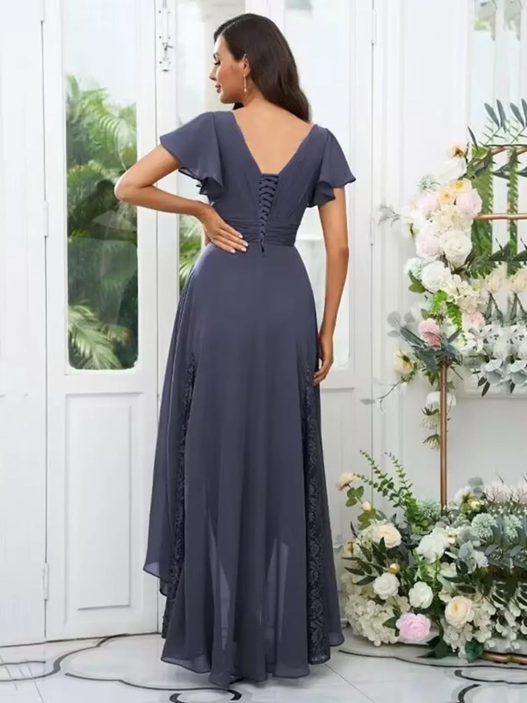 Tea Length Chiffon Mother of The Bride Dress Short Sleeve Bridesmaid Dress V Neck Lace Applique Formal Gown LL-M002