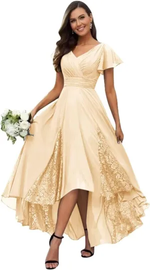 Tea Length Chiffon Mother of The Bride Dress Short Sleeve Bridesmaid Dress V Neck Lace Applique Formal Gown LL-M002
