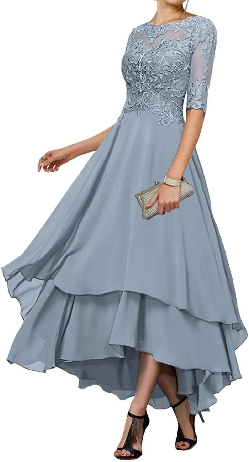Tea Length Mother of The Bride Dresses for Wedding Lace Chiffon Half Sleeve Evening Formal Gown Dusty Blue Size 4