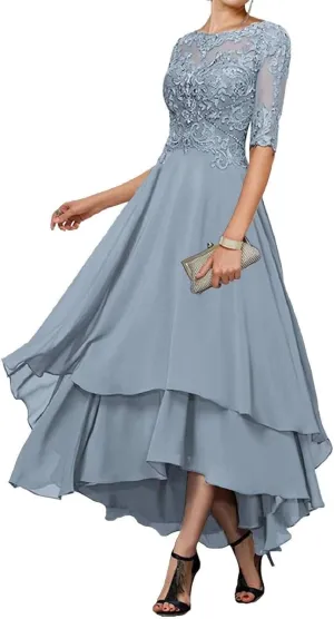 Tea Length Mother of The Bride Dresses for Wedding Lace Chiffon Half Sleeve Evening Formal Gown Dusty Blue Size 4
