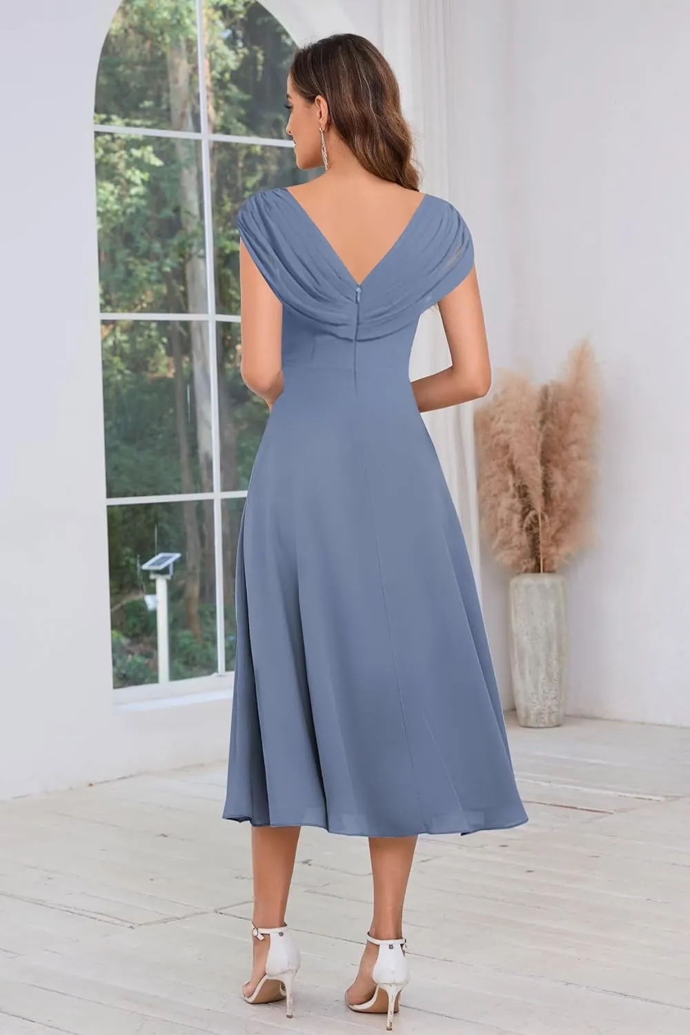 Tea Length Mother of The Bride Dresses for Women Cap Sleeve Sequin V Neck Pleated Chiffon Formal Gown with Lace Applique