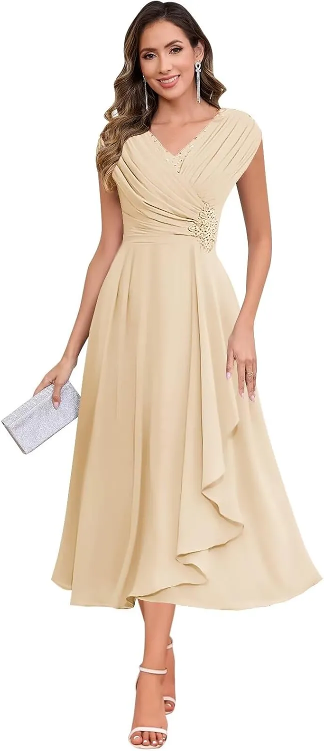 Tea Length Mother of The Bride Dresses for Women Cap Sleeve Sequin V Neck Pleated Chiffon Formal Gown with Lace Applique