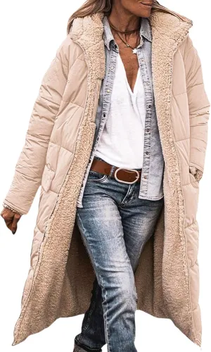 Thatrich Long Puffer Coat Women Casual Reversible Fleece Jacket Coats Loose Fit Windbreaked Winter Oversized Outfits Hooded
