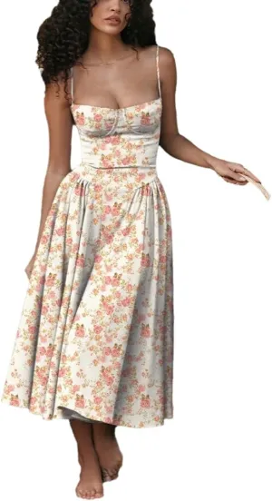 THLAI Summer Floral Dress for Women Camisole Corset Dress Flowy Sundress Midi Bustier Dress Midi Boho Dress Patry Dress
