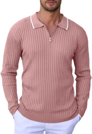 ThusFar Men's Zipper Polo Shirt Casual Knit Long Sleeve Ribbed Polo T Shirt Classic Fit Golf Shirts Activewear Polos