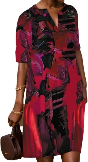 TIAFORD Women Plus Size Marble Print V Neck Midi Dress Casual Half Sleeve Boho Tunic Shift Dresses Flowy Beach Dress
