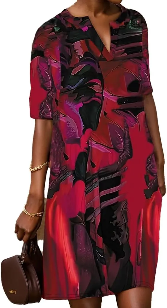 TIAFORD Women Plus Size Marble Print V Neck Midi Dress Casual Half Sleeve Boho Tunic Shift Dresses Flowy Beach Dress