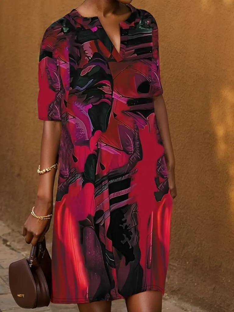 TIAFORD Women Plus Size Marble Print V Neck Midi Dress Casual Half Sleeve Boho Tunic Shift Dresses Flowy Beach Dress