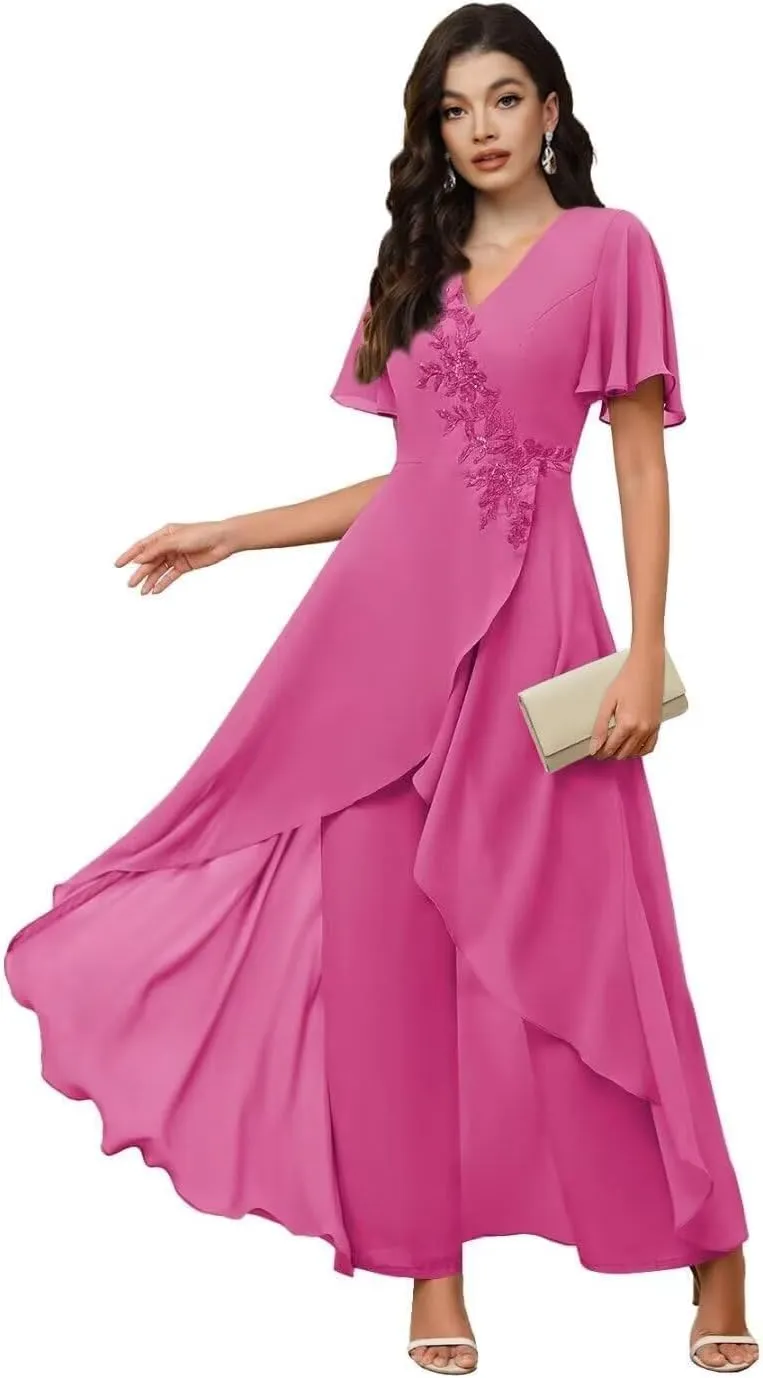 TIANMEI Mother of The Bride Pant Suits for Wedding 2 Pieces Chiffon Pantsuits for Wedding Guest Jumpsuit for Women
