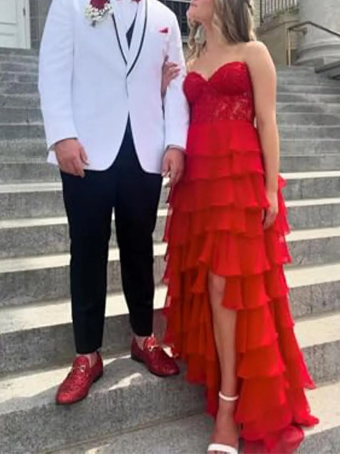 Tiered Lace Chiffon Corset Prom Dresses for Women Long Strapless Ruffles Formal Evening Gown with Slit