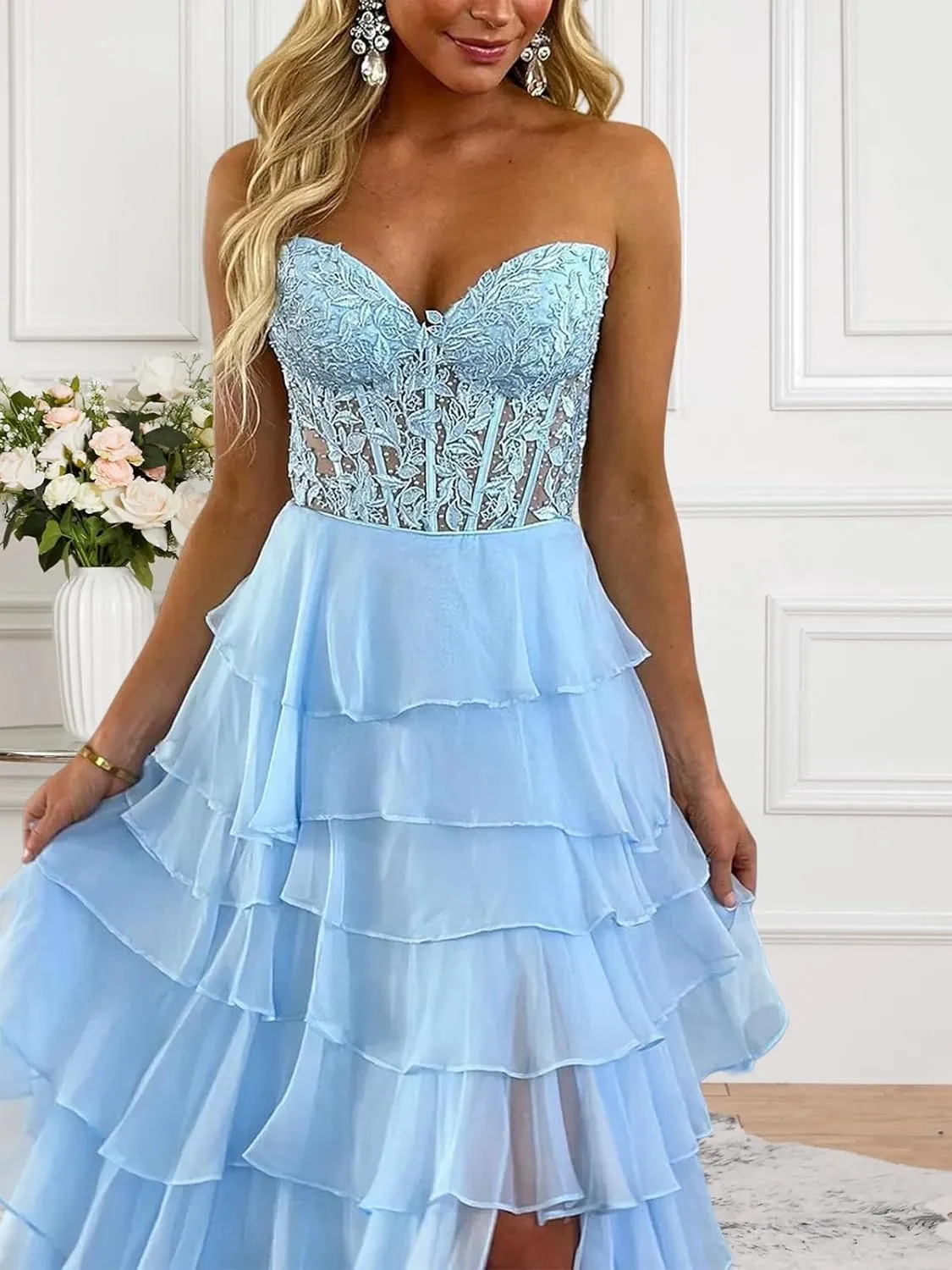 Tiered Lace Chiffon Corset Prom Dresses for Women Long Strapless Ruffles Formal Evening Gown with Slit