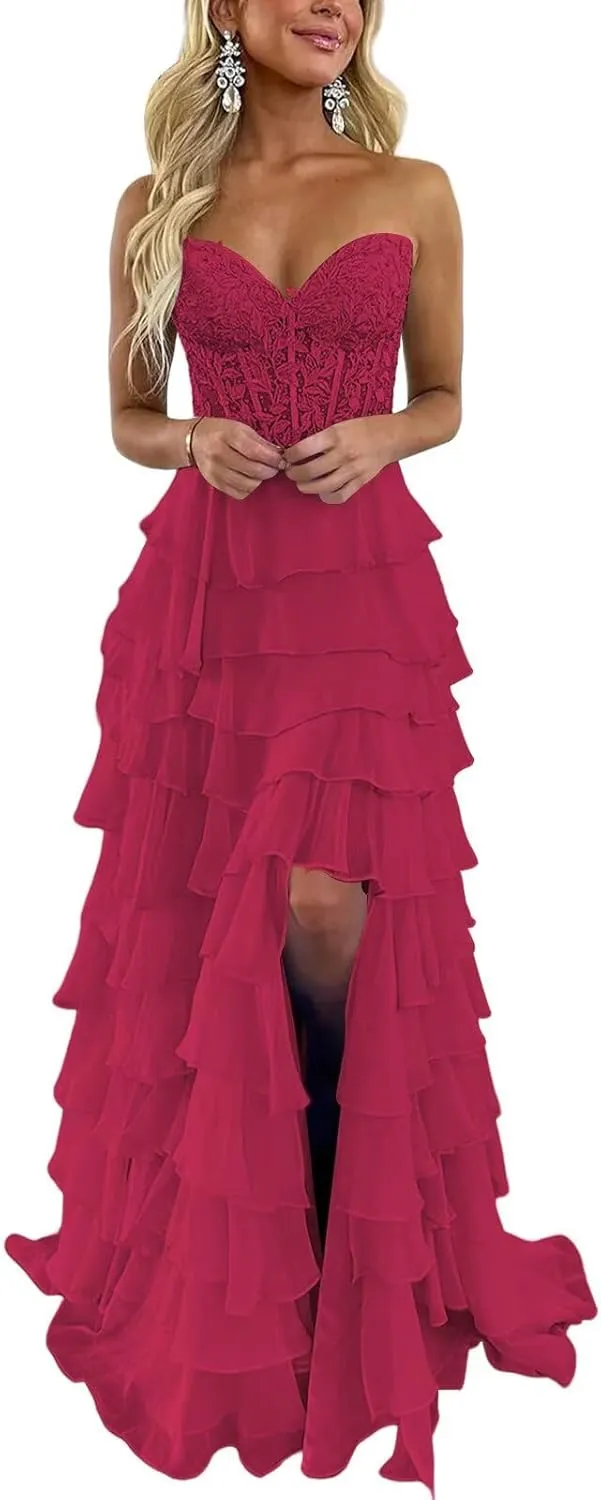 Tiered Lace Chiffon Corset Prom Dresses for Women Long Strapless Ruffles Formal Evening Gown with Slit