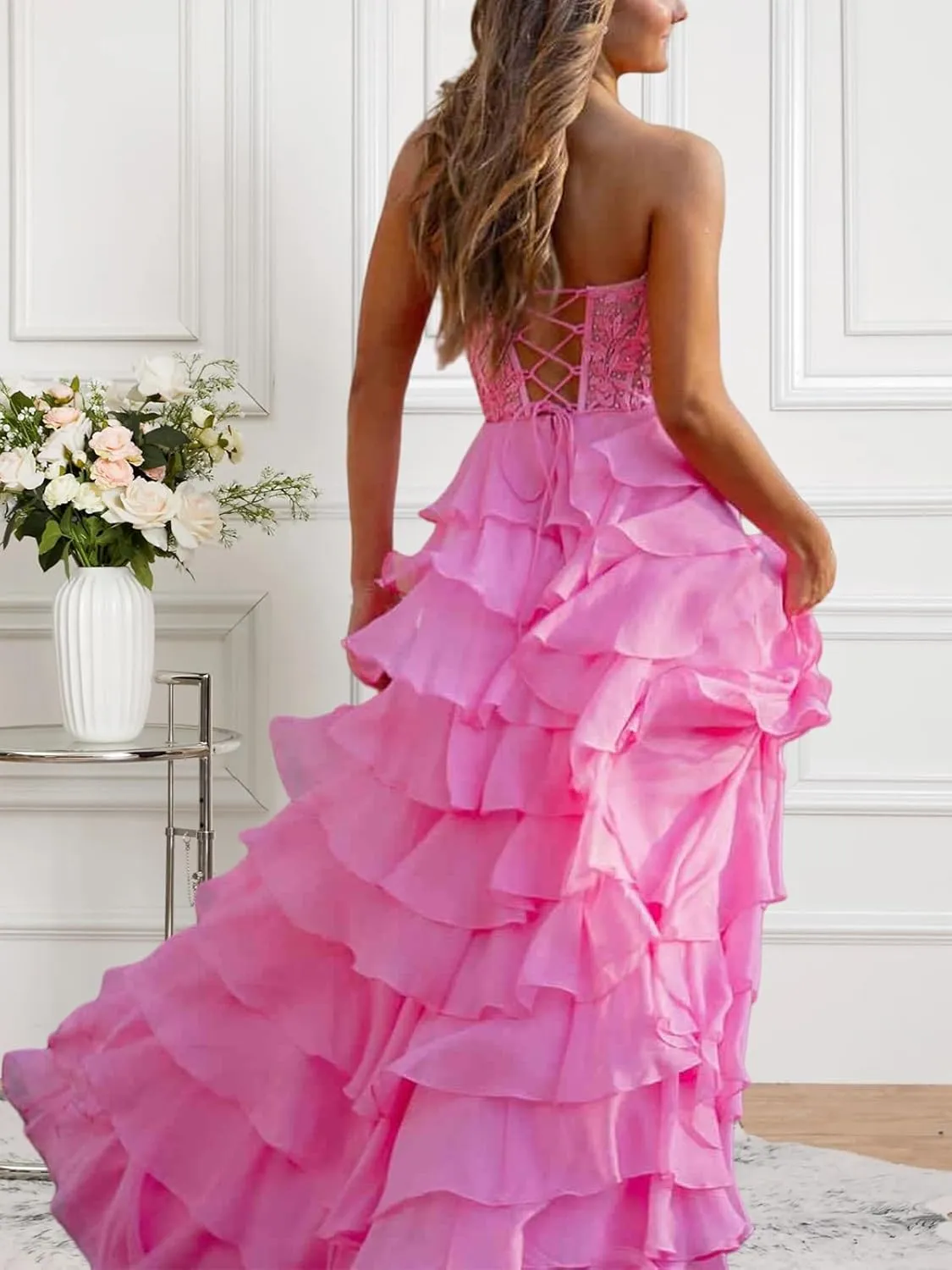 Tiered Lace Chiffon Corset Prom Dresses for Women Long Strapless Ruffles Formal Evening Gown with Slit