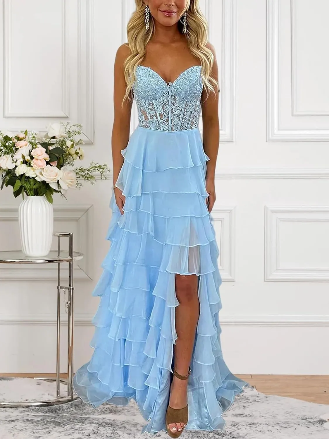 Tiered Lace Chiffon Corset Prom Dresses for Women Long Strapless Ruffles Formal Evening Gown with Slit