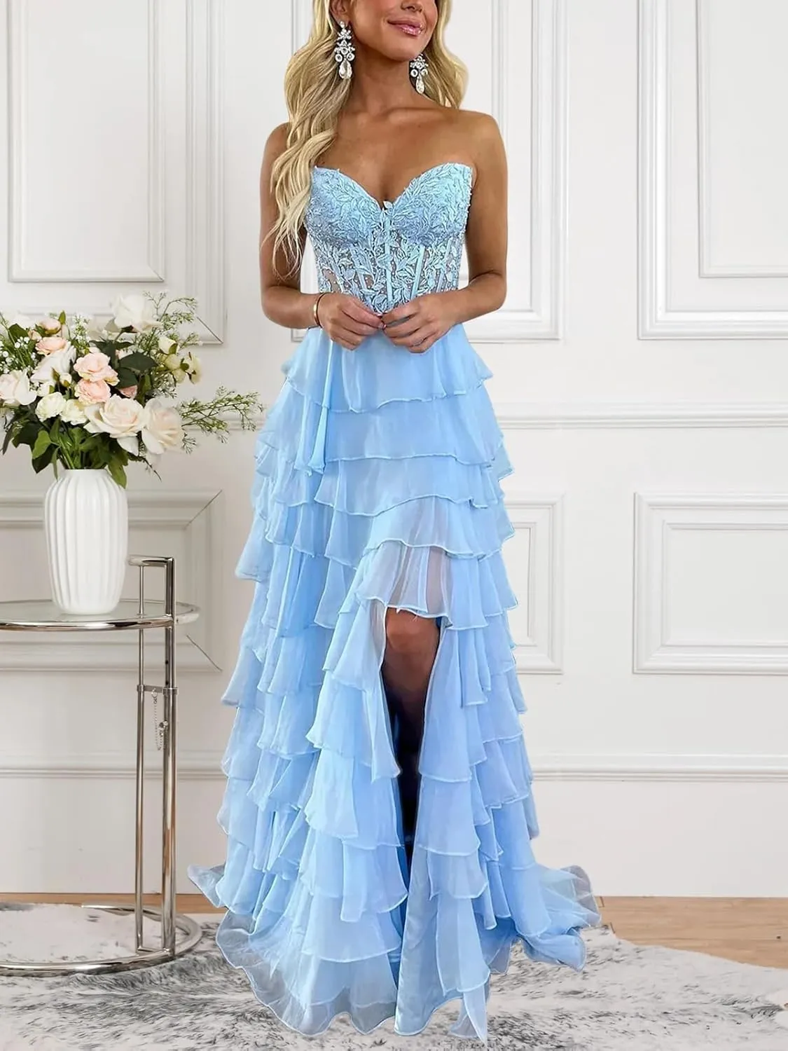 Tiered Lace Chiffon Corset Prom Dresses for Women Long Strapless Ruffles Formal Evening Gown with Slit