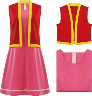 Toadette Costume Women Mushroom Cosplay Toadstool Pink Dress With Vest Halloween Outfit