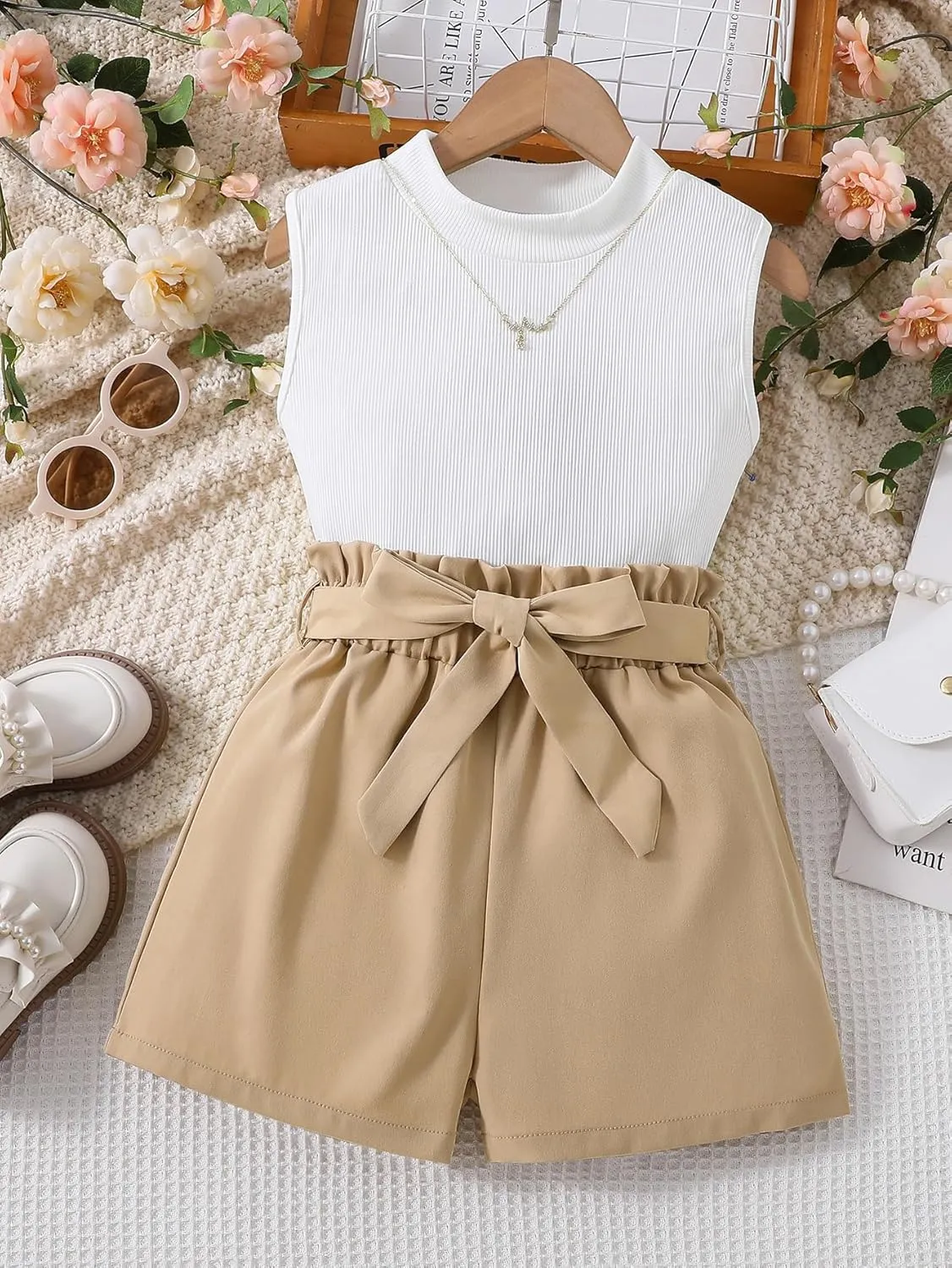 Toddler Girl Summer 2-Piece Solid Color Vest   Casual Shorts Set