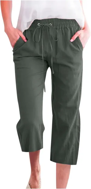 Trendy Capri Pants for Women 2024 Summer Drawstring Elastic High Waist Linen Pant Straight Wide Leg Cropped Trouser