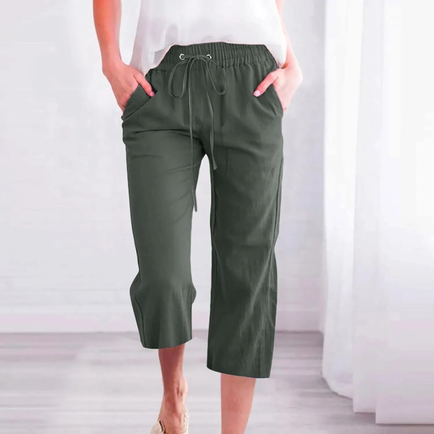 Trendy Capri Pants for Women 2024 Summer Drawstring Elastic High Waist Linen Pant Straight Wide Leg Cropped Trouser