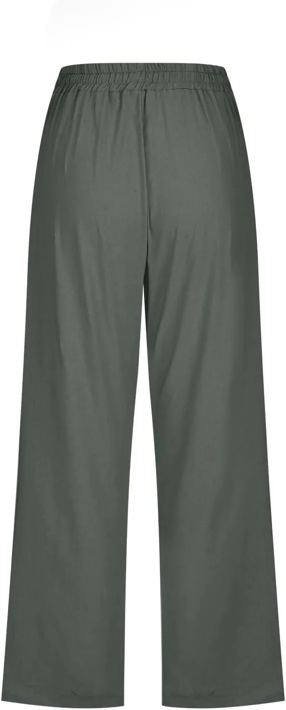 Trendy Capri Pants for Women 2024 Summer Drawstring Elastic High Waist Linen Pant Straight Wide Leg Cropped Trouser