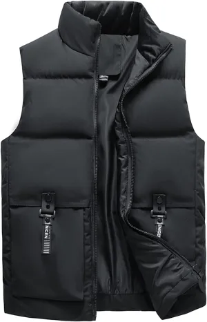 tuduoms Men's Cargo Vests Jacket Waterproof Puffer Jacket Quilted Gilets Cotton Padded Waistcoat Sleeveless Jacket Coat