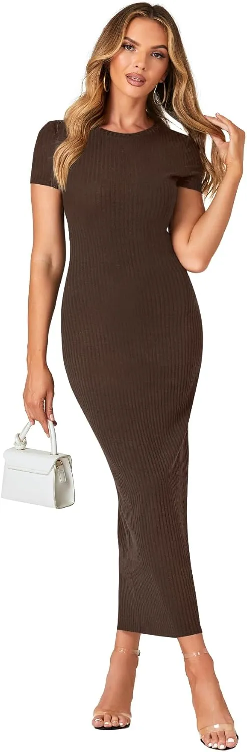 Umenlele Womens Casual Short Sleeve Ribbed Knit Bodycon Fitted Pencil Long Maxi Dress