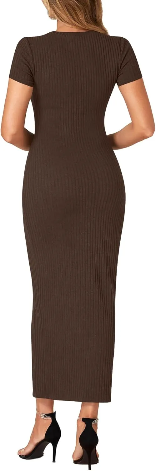 Umenlele Womens Casual Short Sleeve Ribbed Knit Bodycon Fitted Pencil Long Maxi Dress