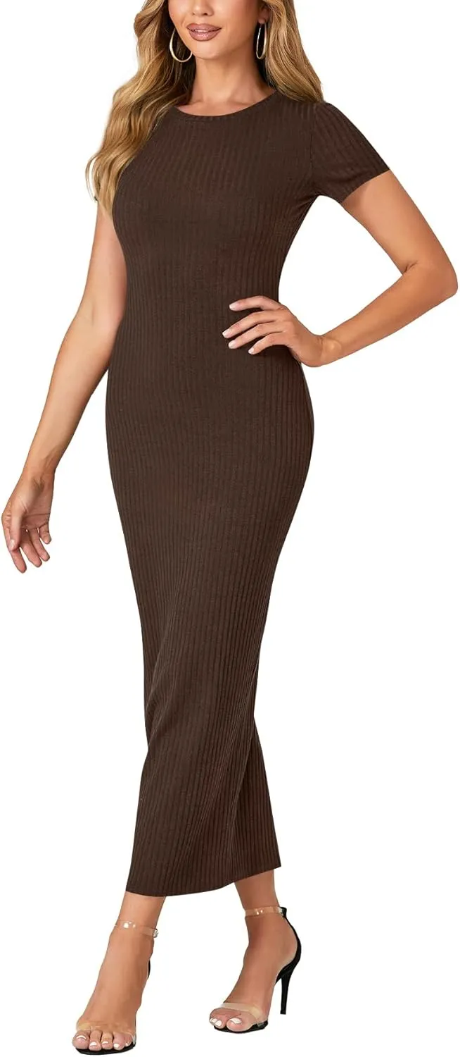 Umenlele Womens Casual Short Sleeve Ribbed Knit Bodycon Fitted Pencil Long Maxi Dress