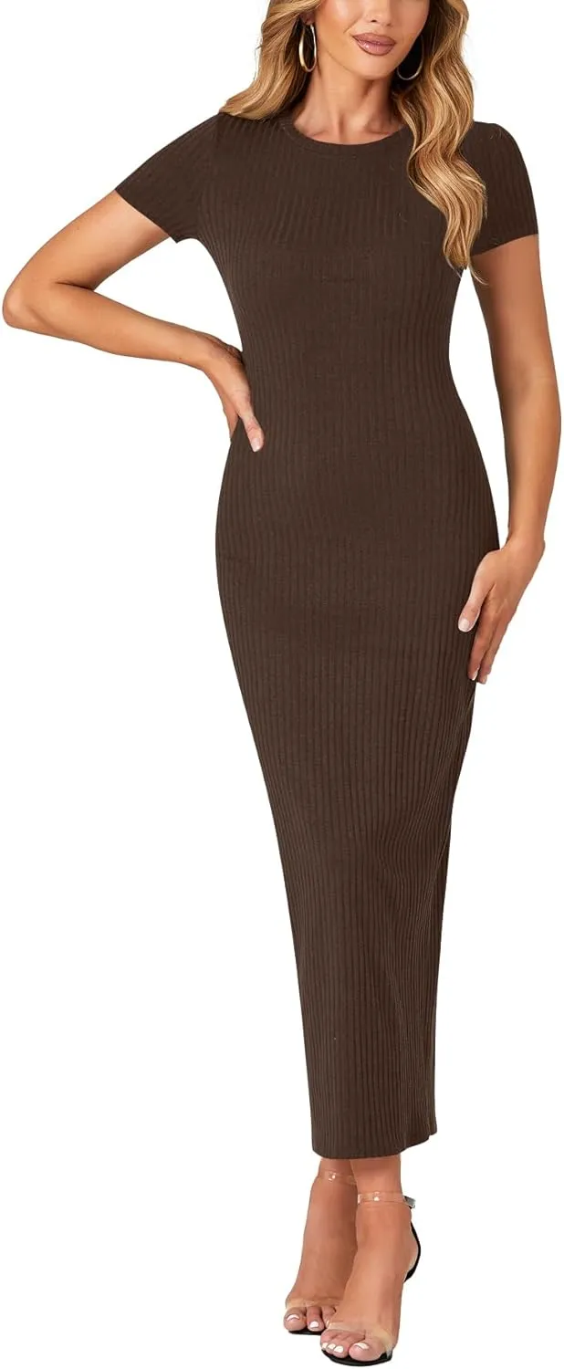 Umenlele Womens Casual Short Sleeve Ribbed Knit Bodycon Fitted Pencil Long Maxi Dress