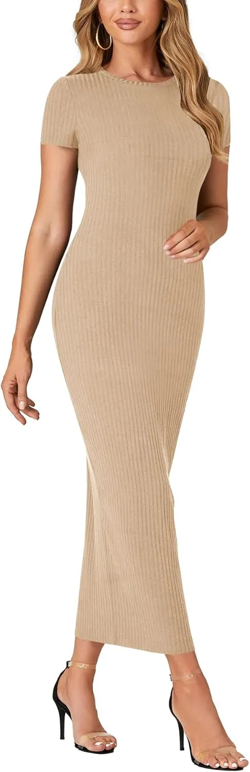Umenlele Womens Casual Short Sleeve Ribbed Knit Bodycon Fitted Pencil Long Maxi Dress