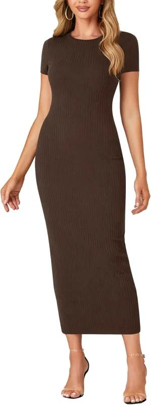 Umenlele Womens Casual Short Sleeve Ribbed Knit Bodycon Fitted Pencil Long Maxi Dress