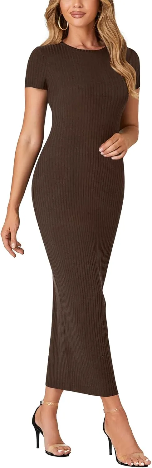 Umenlele Womens Casual Short Sleeve Ribbed Knit Bodycon Fitted Pencil Long Maxi Dress