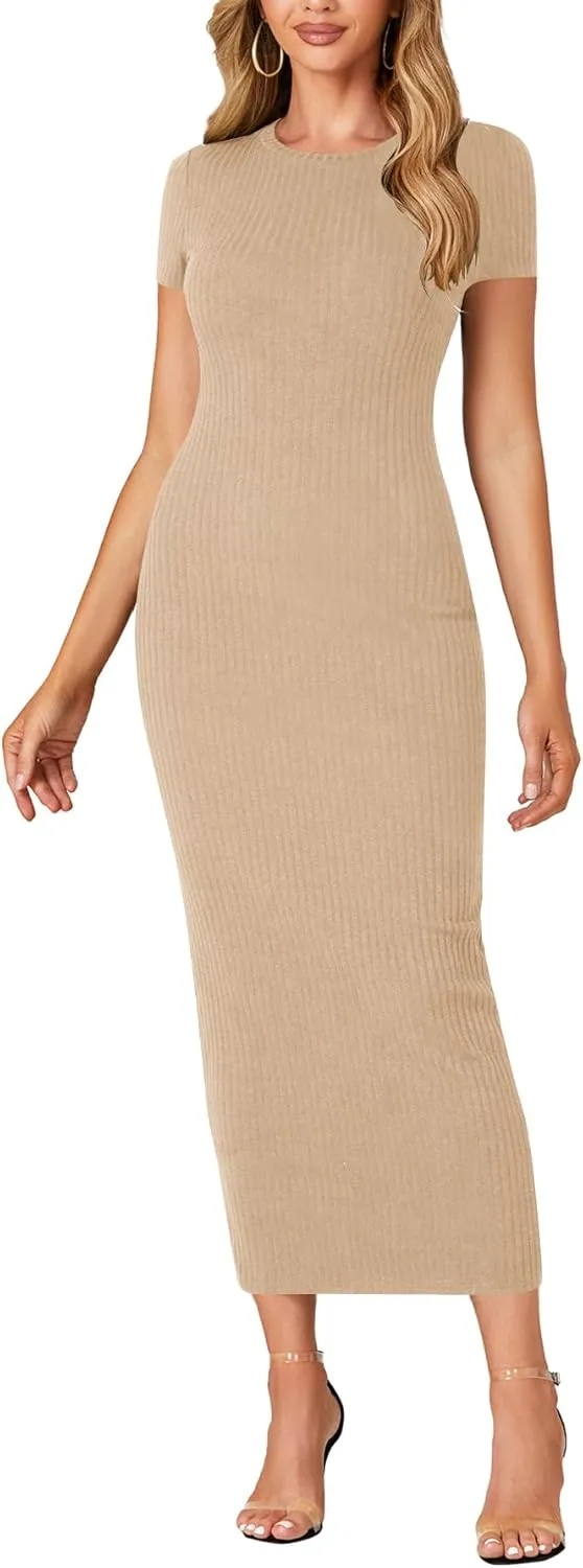 Umenlele Womens Casual Short Sleeve Ribbed Knit Bodycon Fitted Pencil Long Maxi Dress