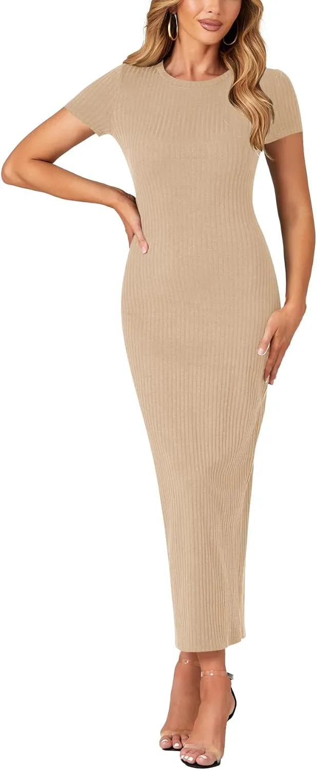 Umenlele Womens Casual Short Sleeve Ribbed Knit Bodycon Fitted Pencil Long Maxi Dress