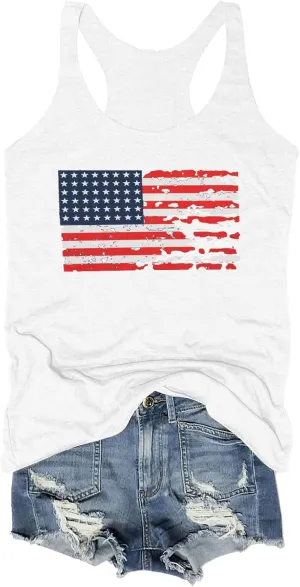 USA Tank Tops Women American Flag Sleeveless Shirt Novelty Graphic 4th July Patriotic Shirt Vest Summer Racerback Top