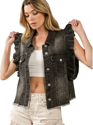 utcoco Women's Casual Button Down Denim Vest Oversized Ruffle Sleeveless Raw Hem Jean Jackets Tops with Pockets